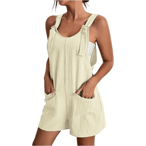 Scoop Neck Romper Jumpsuit With Pocket Ladies Tie Shoulder Overall Shorts - Picture 25 of 27
