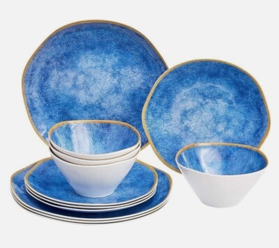 Amazon Basics Melamine Dinnerware Set Service for 4, Blue Weathered Crackle  12pc