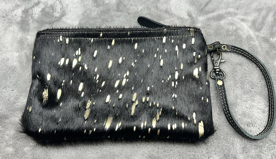 Myra Bag Black & Gold Hair-On Hide Leather Wristlet Clutch Purse 9”x5” - Image 2 of 4