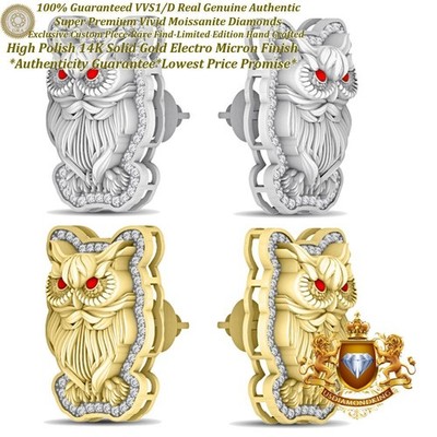 Real VVS1/D Moissanite Midnight Owl Bird Earrings Studs Screw Back  25mm Unisex