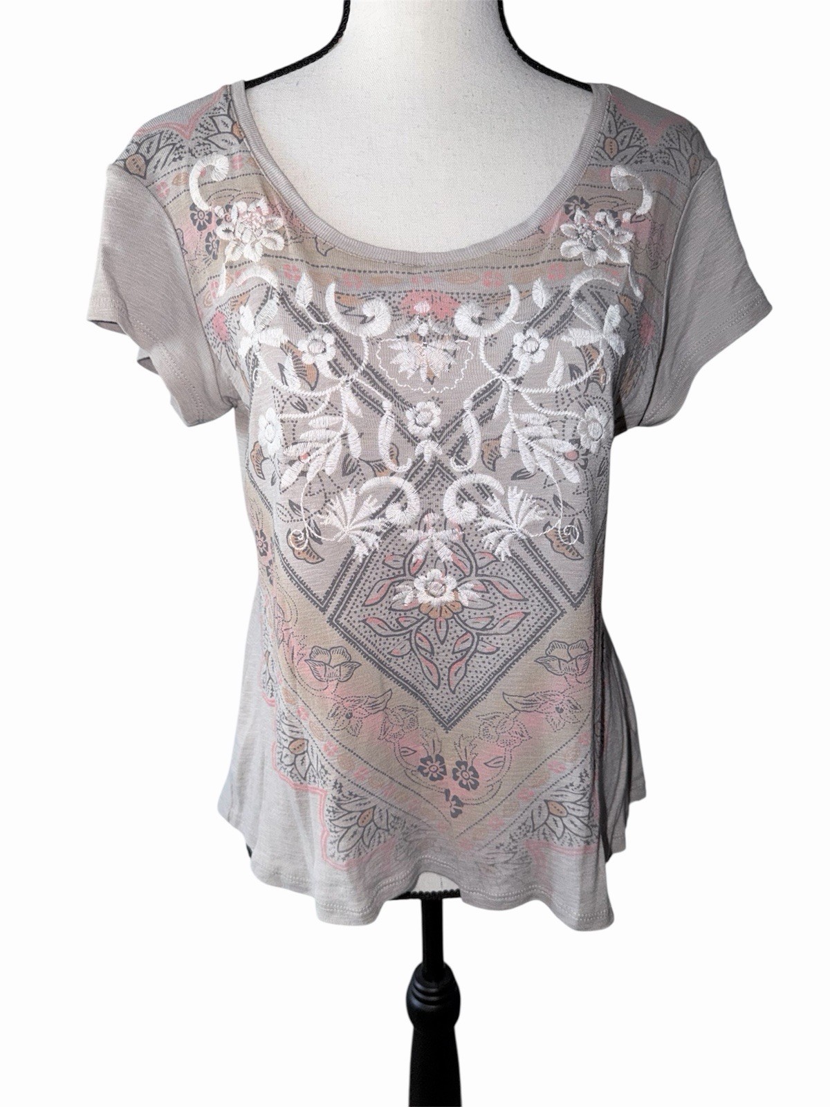 Style & Co Bohemian Floral Aztec Print Blouse Short Sleeve Top Size Petite Small