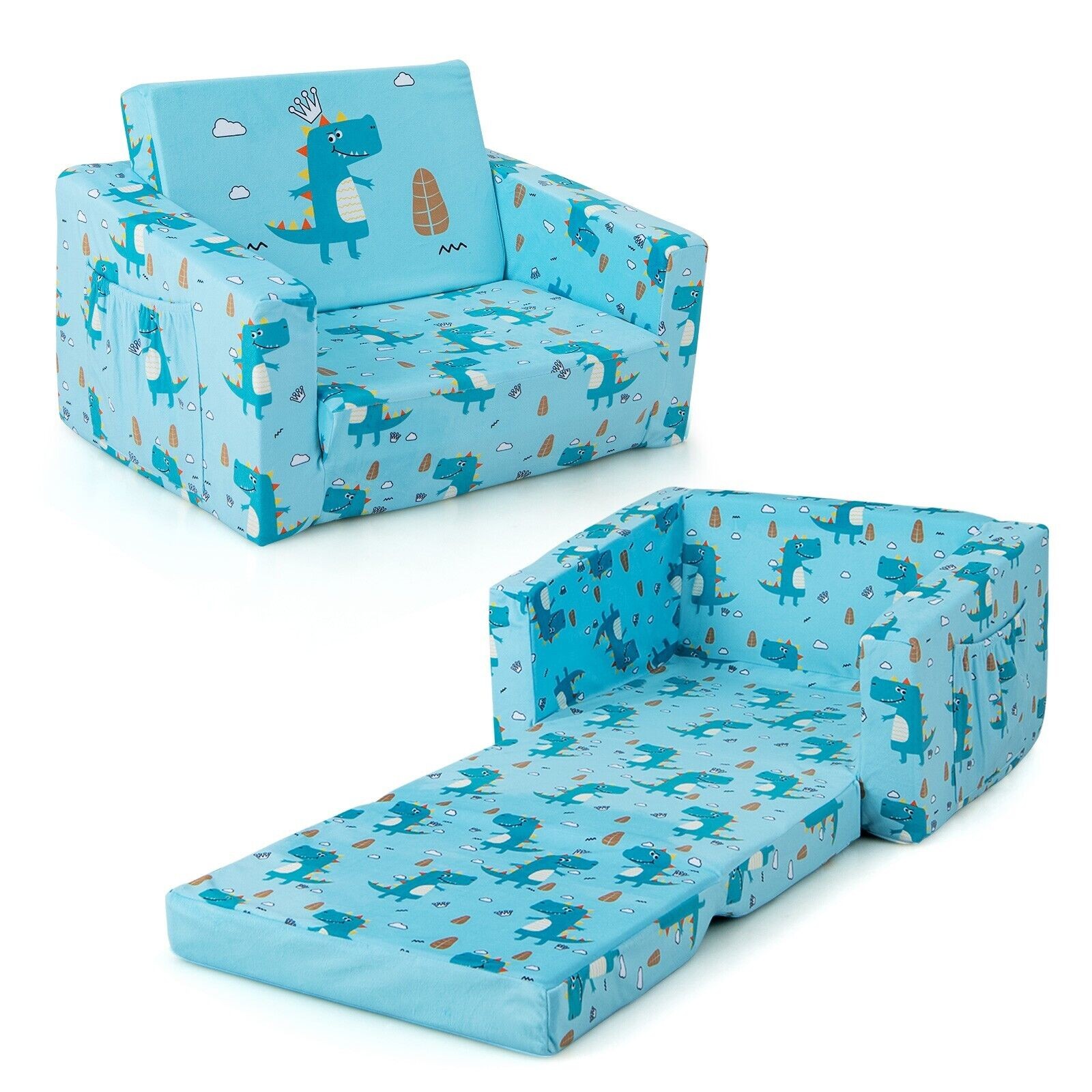 COSTWAY Convertible Kids Couch, 6/8-Piece Foam Modular Soft Playset, 2 Triangular Pillows and Washable Cover, Fold Out Children Sofa Bed for Playroom Kidsroom Living Room 25 2-in-1 Kids Convertible Couch Children Fold out Sofa Bed Lounger Soft Velvet