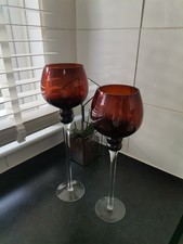 Amber Glass Tall Chalice Form Candle Holders Clear Stems Table Centerpiece 