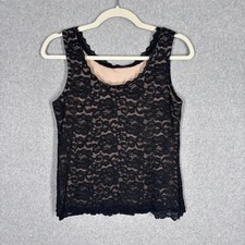 Vintage Y2K 90s Lace Tank Top Medium Black Floral Feminine Whimsigoth Romantic