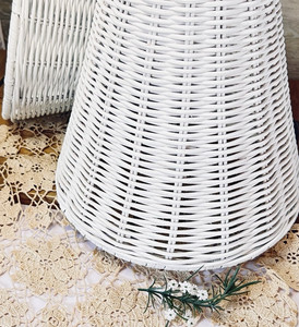Vintage White Wicker Lamp Shades Pair 10" Bell Rattan Boho Farmhouse Country