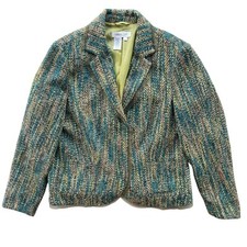Coldwater Creek Women  s Sz L Green Blue Boucle Woven Tweed Blazer Jacket R12597