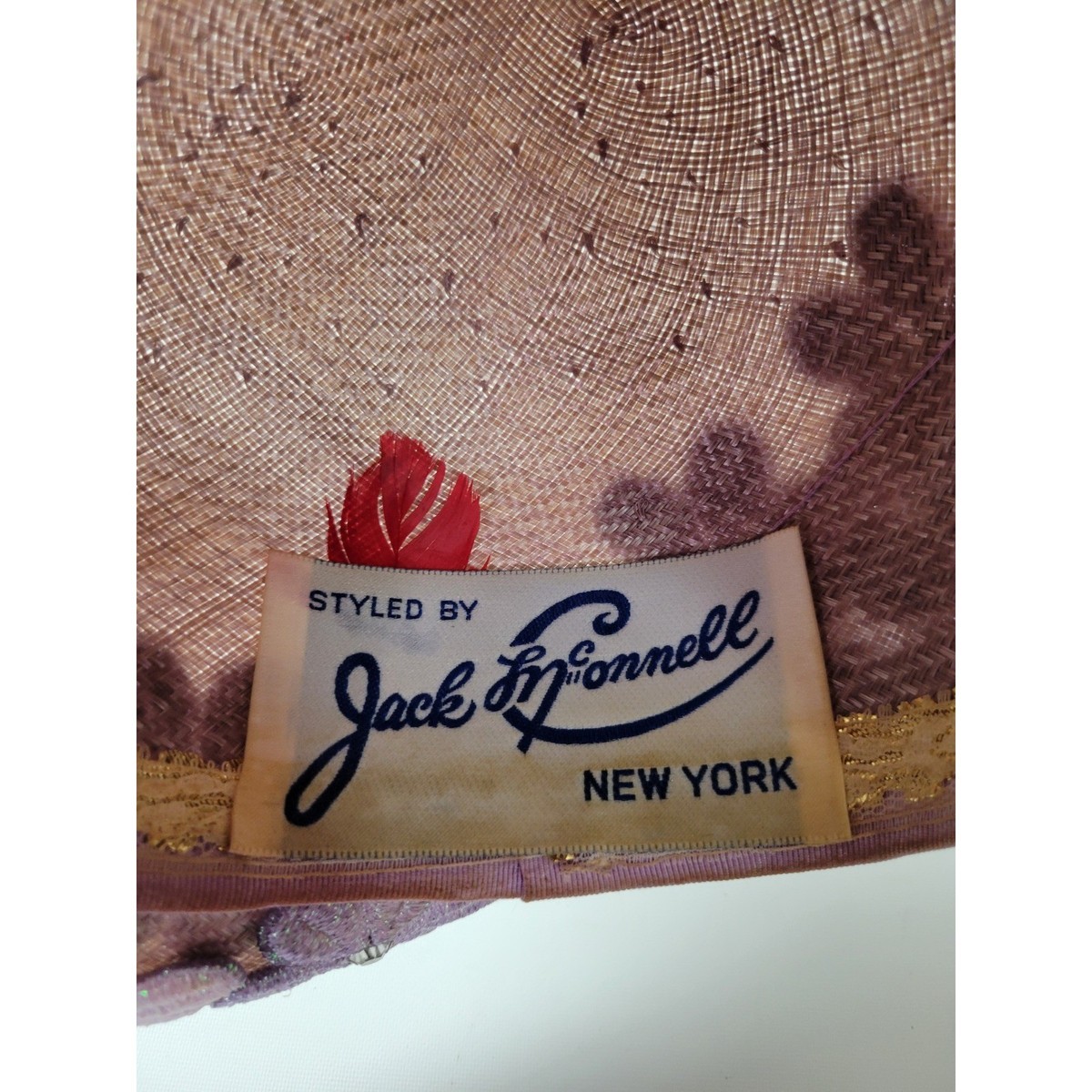 Jack McConnell Lavender Straw Derby Hat Floral Rhinestone Wide Brim Red Feather Jack Mcconnell Red Feather Hat - Etsy main image 2
