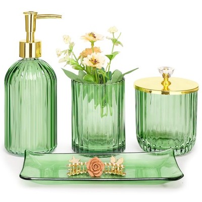 Haturi Bathroom Accessories Set, 4 Pcs Green Glass Bathroom Accessory Set Com...