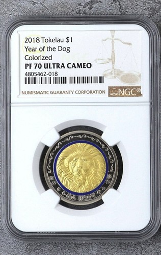 Tokelau 2018 $1 Year of Dog Colorized Tri-Metallic Proof Coin NGC PF70 UC Top - Afbeelding 1 van 4