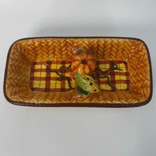 Autumn Harvest Ceramic Serving Dish Pumpkin Corn Plaid Basket Weave Design Fall