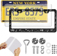 Bling License Plate Frame and Clear Cover Set for Women Sparkle 1 pc Black