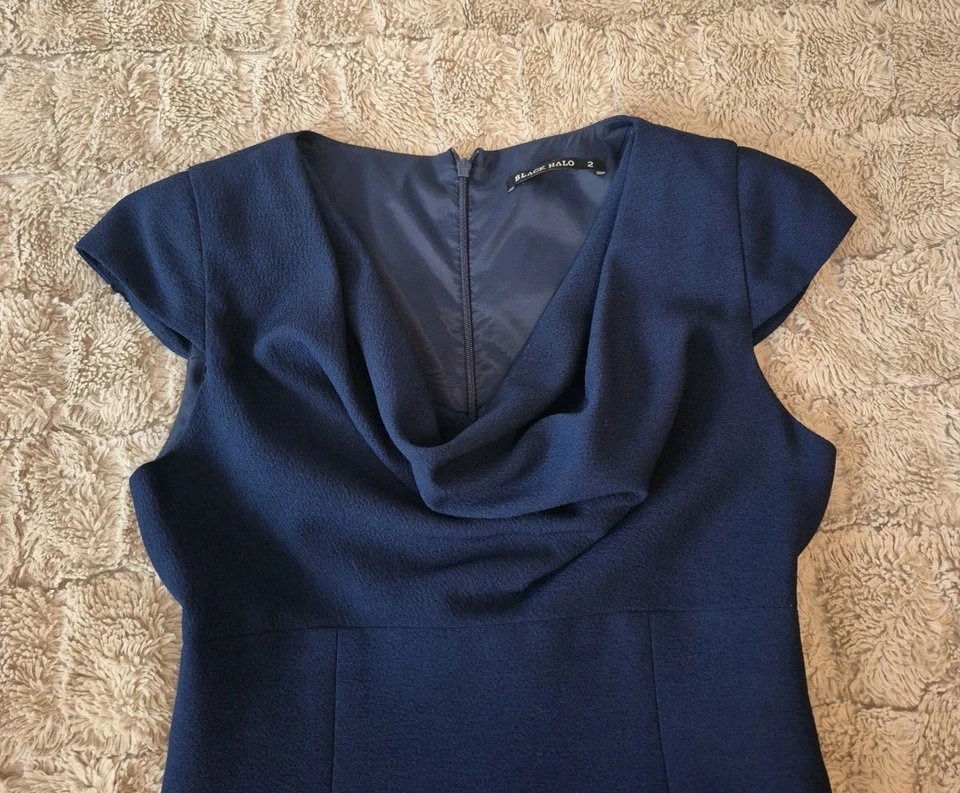 Black Halo Navy Blue Jackie O Cowl Neck Cap Sleeve Sheath Dress Size 2 - Image 4 of 4
