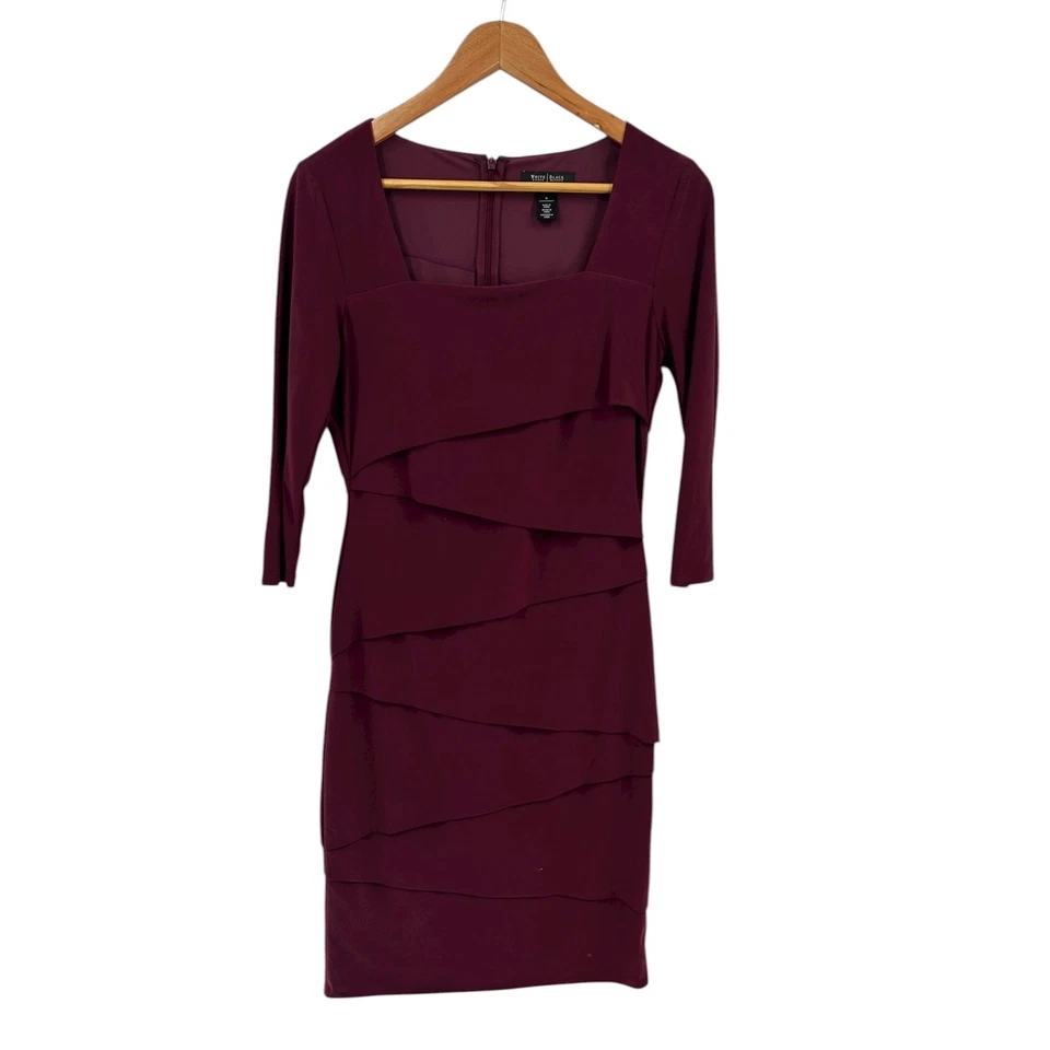 White House Black Market Burgundy Tiered Sheath Dress Square Neck Size 8 - Image 3 of 4