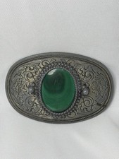Antique Victorian Brass Belt Buckle Green Banded Agate Sash Slide
