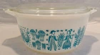 Vtg Pyrex White Turquoise Amish Butterprint 474B Round 1 1/2 Qt Casserole & Lid