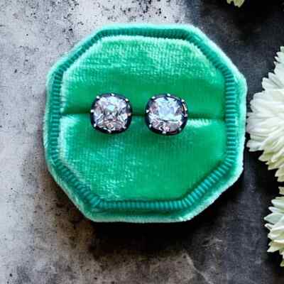 Georgian Cushion Old Mine Cut Moissanite Stud Earring 14K Multi Tone Gold Plated