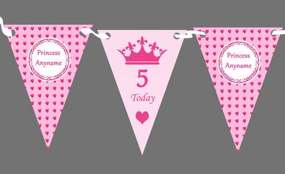 Pink Hearts Princess Girls Personalised Children's Birthday Party Bunting