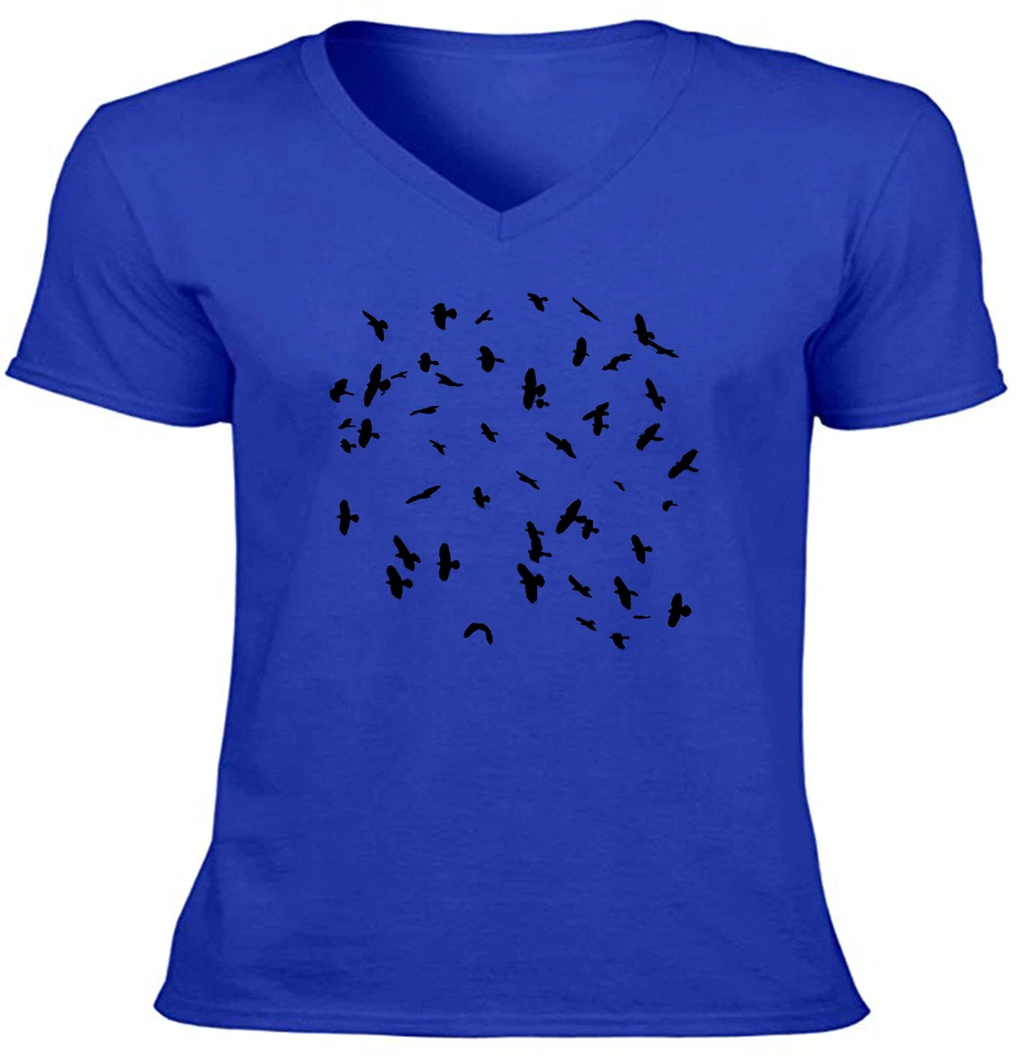 Hermosa Camiseta Gráfica Amantes del Cuervo Silueta Pájaros Voladores Cuello en V Foto 3 de 4