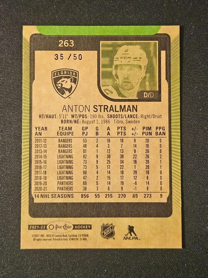 21-22 O-Pee-Chee Anton Stralman 🌈🌈🌈  Neon Green Border Variant #/50  - Image 2 of 3