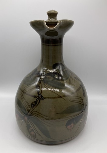 Vintage Green Leaf Floral Pattern Lidded Ceramic Pottery Decorative Decanter Jug - Picture 2 of 10