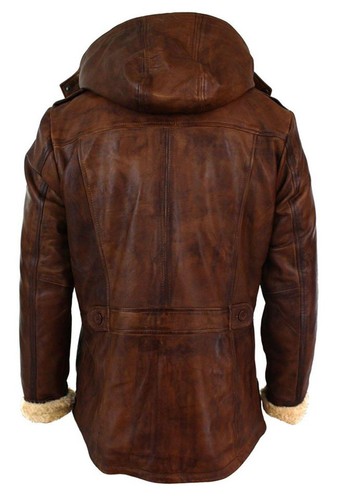 Mens RAF Mid Length Trench Coat Brown Genuine Leather Hood Jacket - Picture 3 of 4