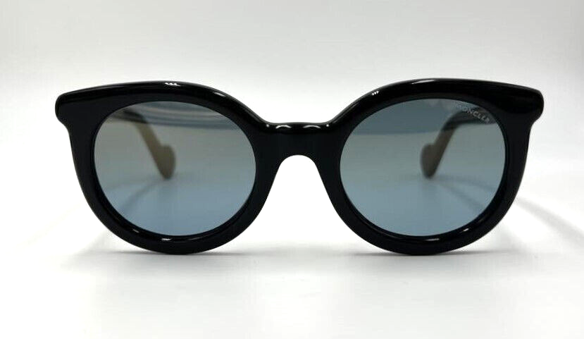 Authentic MONCLER ML 0015 01X Shiny Black w/Blue Lens 
