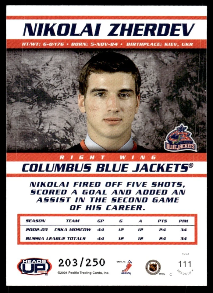 2003-04 Pacific Heads Up Nikolai Zherdev Rookie /250 Columbus Blue Jackets #111 - Image 2 of 2