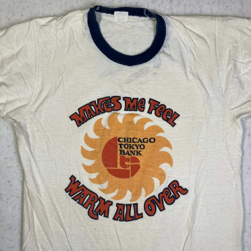 Vintage Chicago-Tokyo Bank Ringer T-Shirt M 70s Makes Me Feel Warm Made in USA - Image 2 of 4