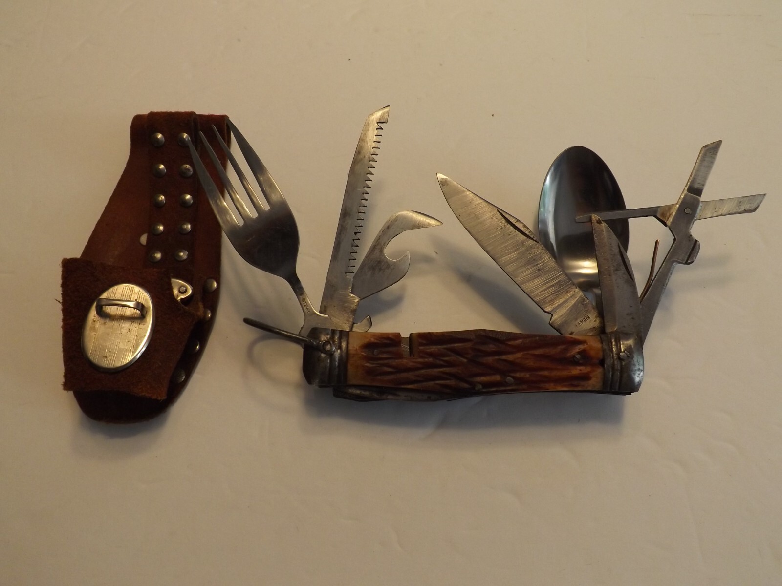 Vintage Multi Tool Camping Bone Handle Made In Japan Knife w/Belt Case