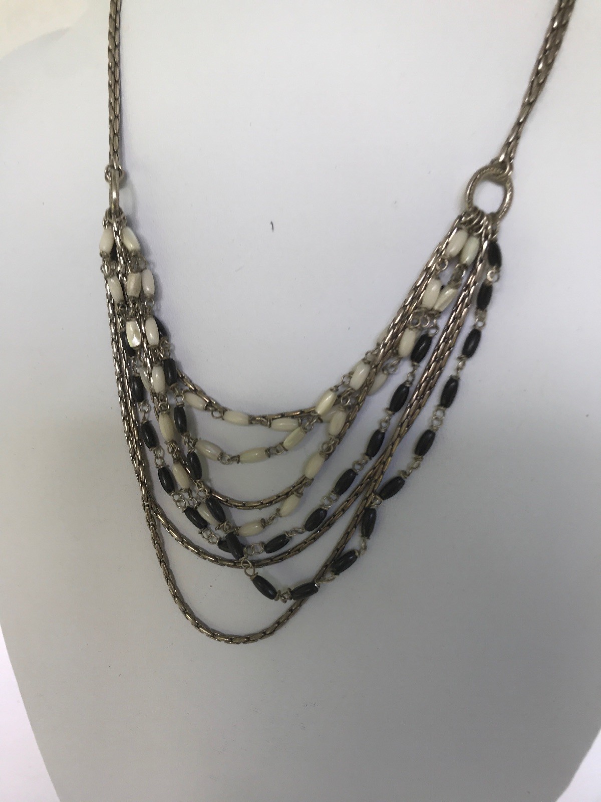 Necklace multiple layers multiple beads black whi… - image 5