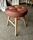 Oak Brown Leather Stool Footstool Mango Wood Legs Retro Style Vintage Look