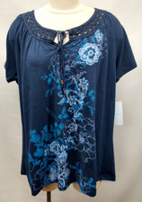 Nwt Cgcg City Girlcountry Girl Blue Top Wcrochet Trim Floral Bling -1x
