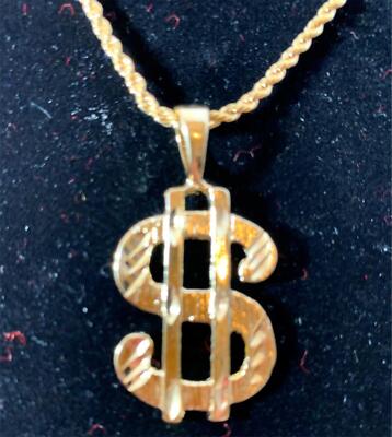 14 KT  GOLD PLATED  1 3/4 '' $ SIGN CHARM -3518 W/18'' 14KT GOLD EP 2.5mm  ROPE