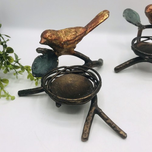 Vintage Bird Nest Bronze Brass Bird Flowers Tea Light Candle Holder Set of 3 MCM - Picture 4 of 11