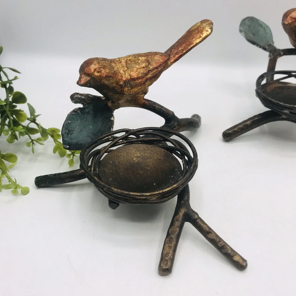 Vintage Ninho de Pássaro Bronze Flores de Pássaro Luz de Chá Suporte de Vela Conjunto de 3 MCM - Imagem 4 de 4