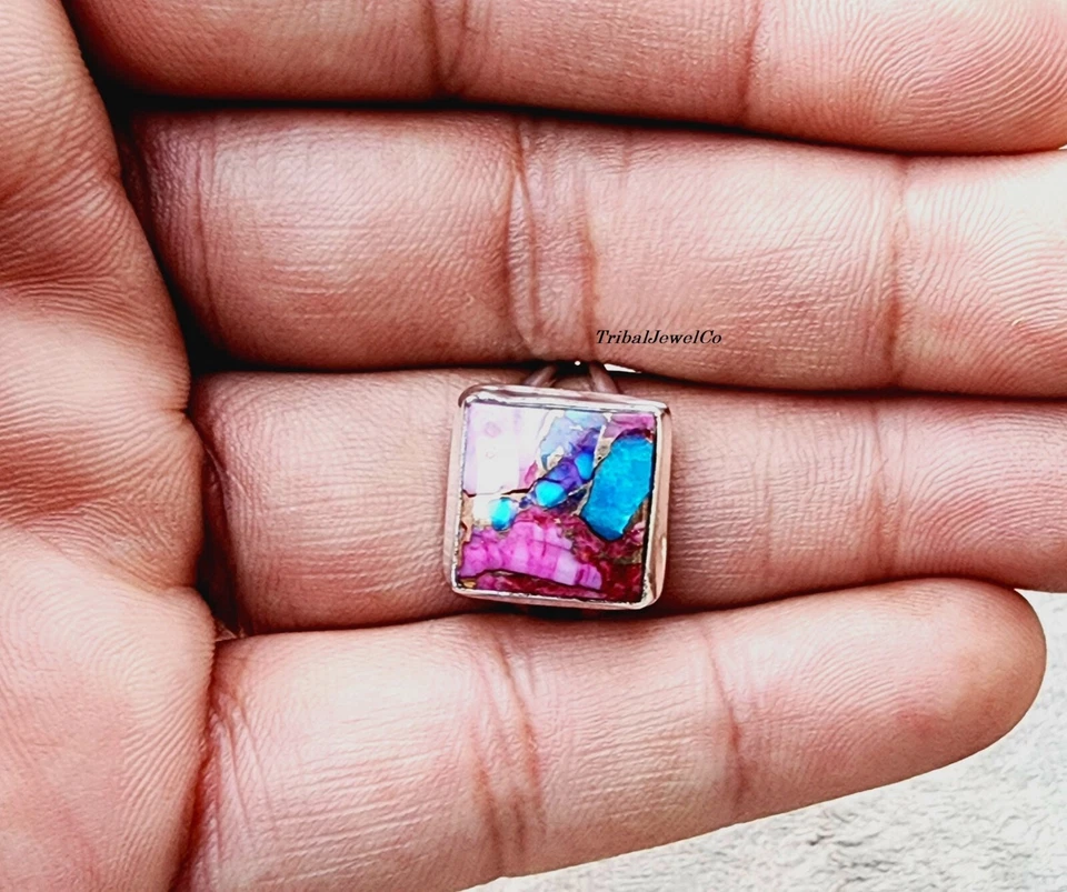 Anillo de plata esterlina 925 rosa ostra turquesa piedras preciosas regalo de cumpleaños para ella Foto 4 de 4