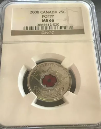 2008 25c CANADA NGC MS 66 POPPY WITH INLAY OF POPPY ON REVERSE 1918 ARMISTICE