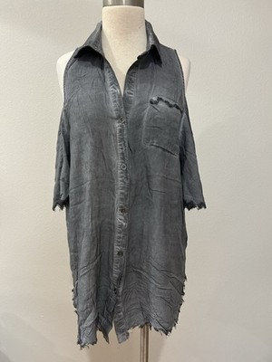 Umgee Cold Shoulder Casual Top Short Sleeve Women Size M Shirt Charcoal Gray