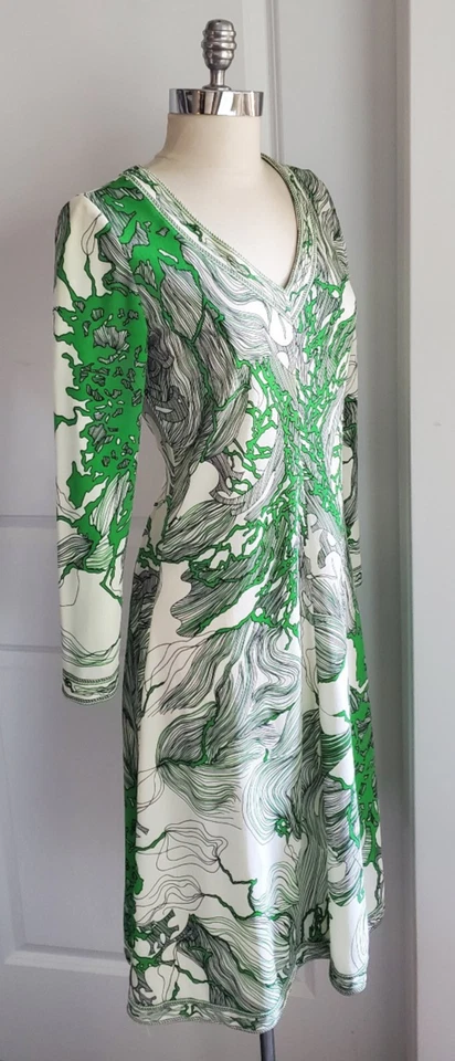 Vestido Jersey Vintage Maurice Años 70 Mezcla Poli Lana Pucci-esque Verde EE. UU. Foto 4 de 4
