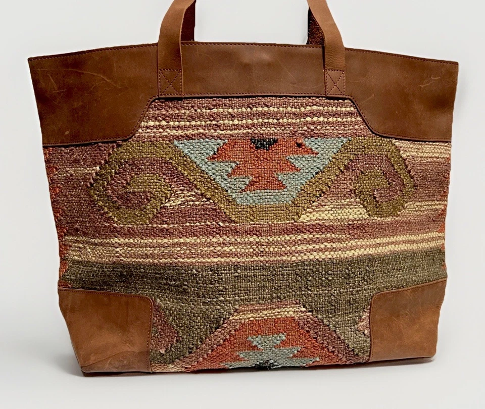 Kilim Jute Leather Boho X Large Weekender Travel Duffle Tote Bag Satchel 21.5” - Image 3 of 4
