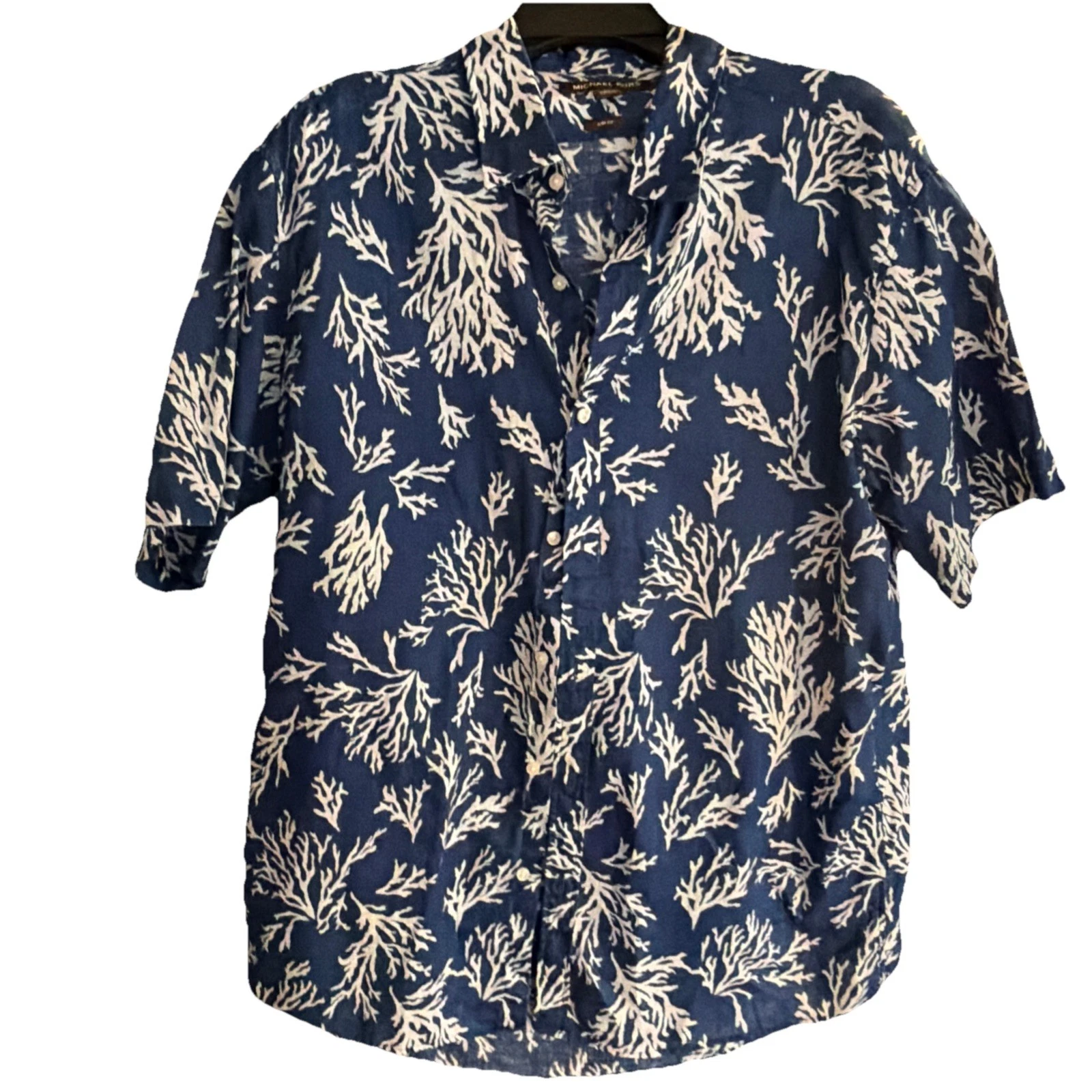 Michael Kors Linen Blue Hawaiian Shirt Short Sleeves Button Up Size XL slim Fit