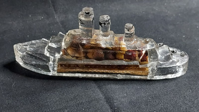 NOS Glass Candy Container Battleship Victory Jennette PA Original Candy Label