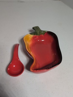 Clay Art Hand Painted Red Chili Pepper Dip Bowl Dish Salsa Nuts, Soup & Cereal