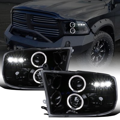 LED Dual Halo Rims Projector Lights 09-18 Ram 1500-3500 19-24 1500C Black Smoke