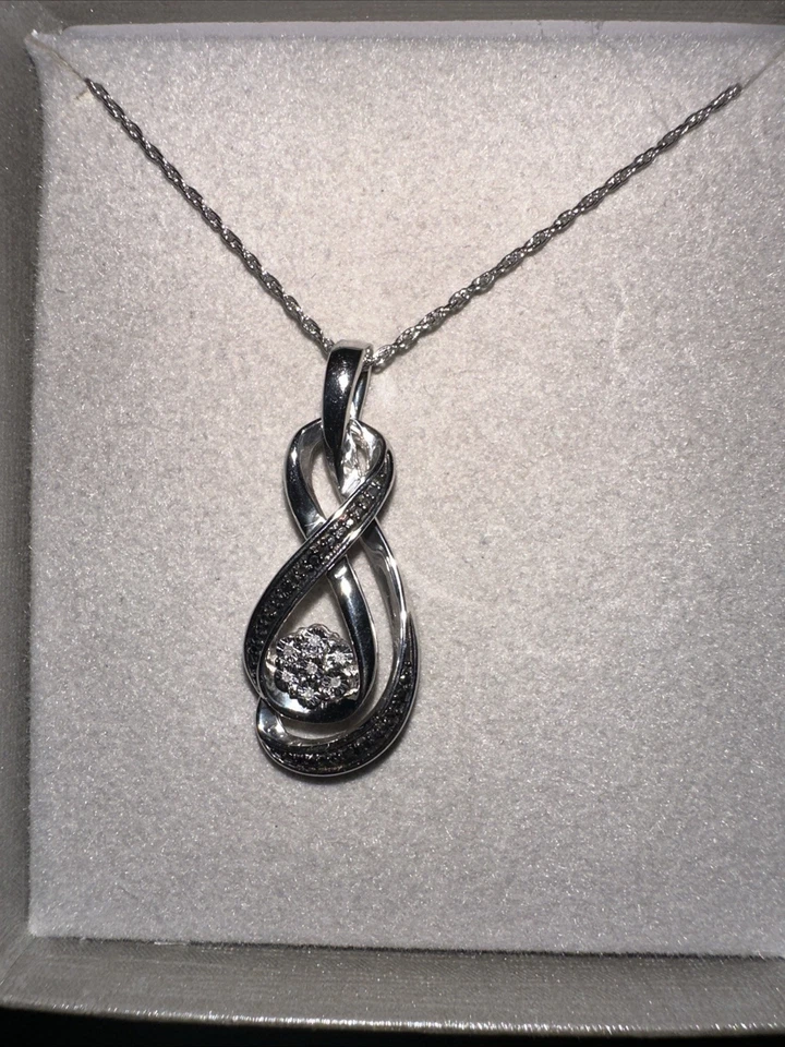 "Collar de diamantes Zales de ley negro blanco infinito plata caja probada 18"" de largo" Foto 3 de 4