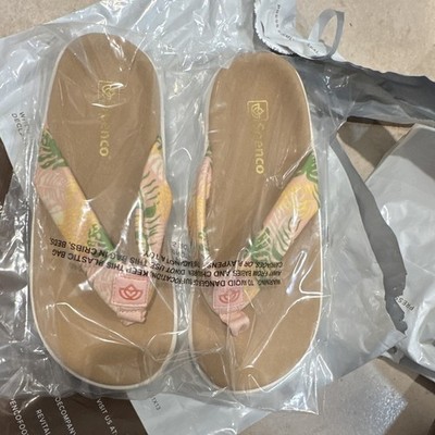 Spenco Women s Floral Flip Flop Sandals Beige Pink Green Yellow Logo US 5.5