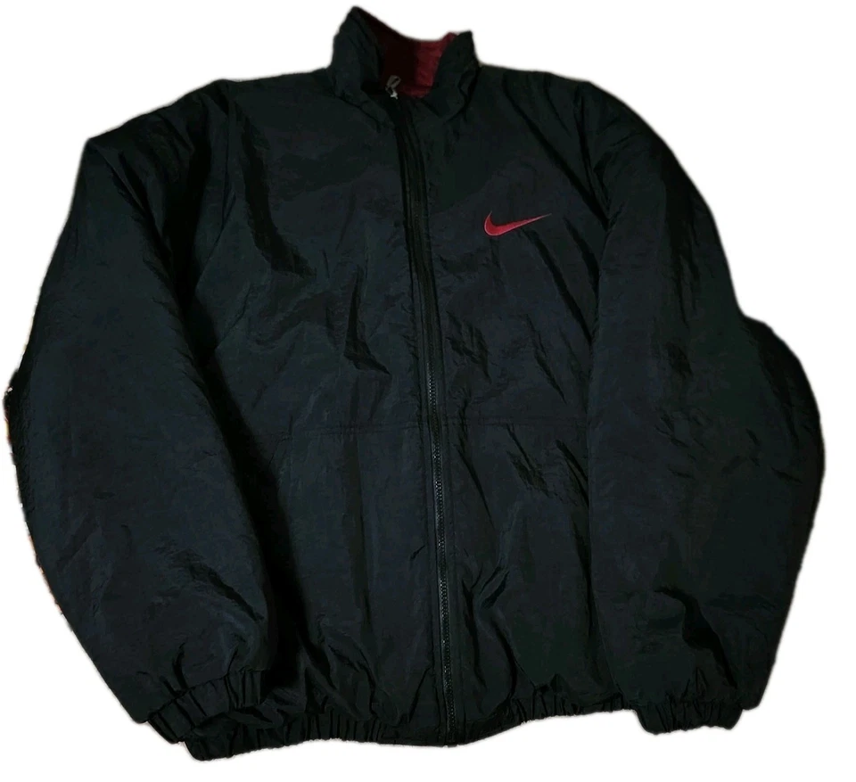 🔥 Vintage 90’s Nylon Nike Puffer Jacket Reversible Black Red Big Swoosh 27x26 - Image 2 of 4