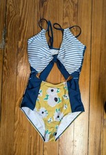Womens Size Small One Piece Floral Striped Full Bathing Swimsuit Blue Yellow