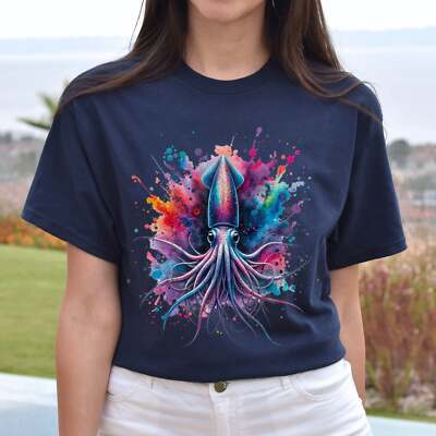 Artistic Deep sea squid Color Splash Unisex T-shirt Black Navy Dark Heather
