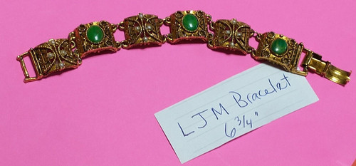 LJM LINK BRACELET Rustic Filigree W/Sim Jade Oval Cabochons VINTAGE SIGNED 6.75"